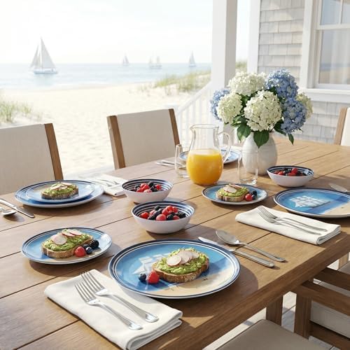 Outdoor Melamine Dinnerware Set for 4, 12-Piece Sailboat Plates and Bowls - Image 4