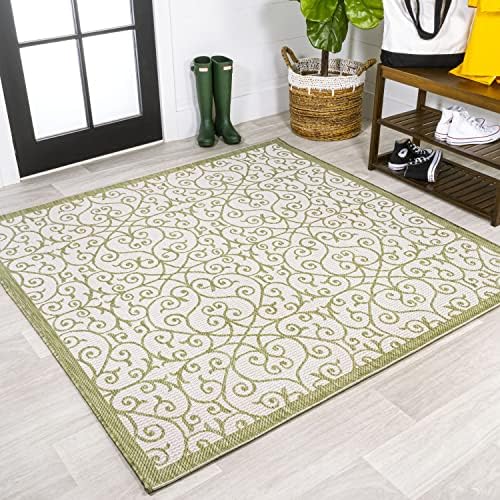 JONATHAN Y Vintage Filigree Indoor Outdoor Square Area Rug 5X5 Green/Cream, Madrid Textured Weave for Backyard, Patio, Porch, Easy-Cleaning, High Traffic, Pet-Friendly, Non-Shedding (SMB107H-5SQ) by JONATHANY