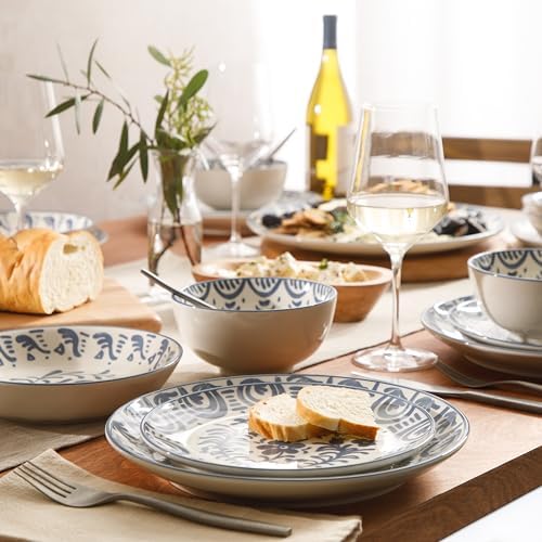 Bloomhouse - 2-Time Oprah’s Favorite Things - Valencia Flor 16 Piece Dinnerware Set, Artisanal Decorated Stoneware Plates & Bowls, Service for 4, Microwave & Dishwasher Safe, Iris Blue - Image 4