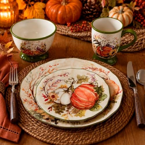 Harvest Morning 16-Piece Ceramic Dinnerware Set, Service for 4 – Celebrate autumn with vibrant pumpkins and florals, perfect for cozy family meals, Thanksgiving gatherings, and fall entertaining - Image 2