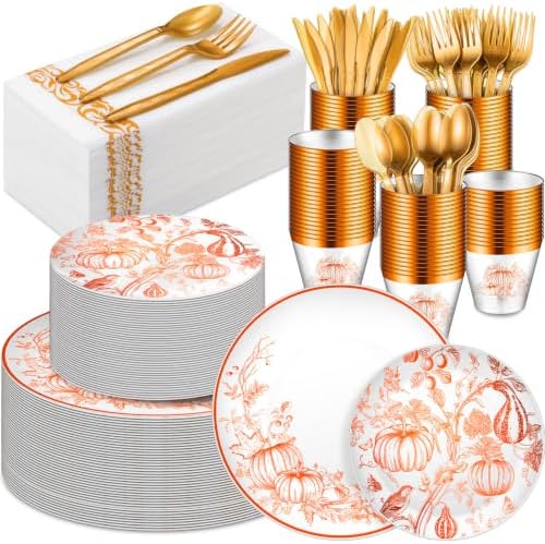 175 Pcs Rosh Hashanah Fall Plastic Dinnerware Set, Pumpkin, Orange by Sunnychicc