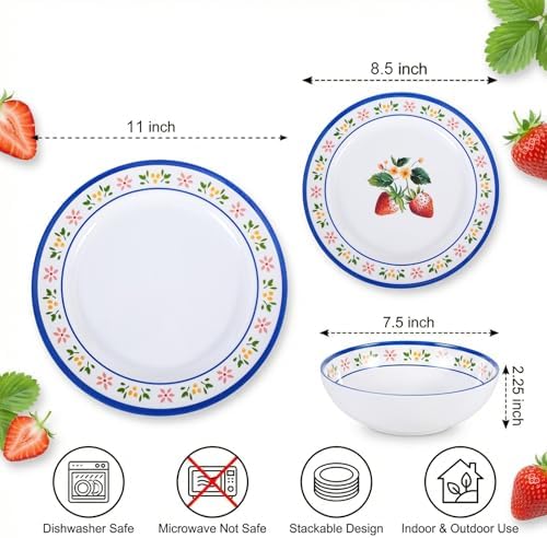 12-Piece Melamine Dinnerware Set – Strawberry Plates & Bowls for 4 - Image 2