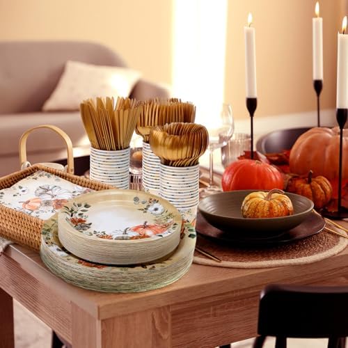 350pcs Thanksgiving Fall Dinnerware Paper Plate Napkins, Pumpkin Floral - Image 5