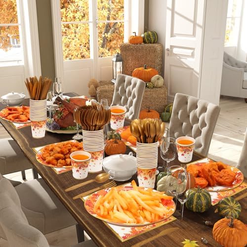 Ziliny 350pcs Thanksgiving Fall Dinnerware Paper Plate Napkins, Maple Leaf - Image 6