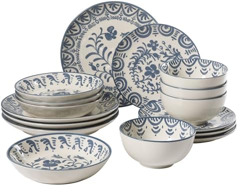 Bloomhouse - 2-Time Oprah’s Favorite Things - Valencia Flor 16 Piece Dinnerware Set, Artisanal Decorated Stoneware Plates & Bowls, Service for 4, Microwave & Dishwasher Safe, Iris Blue by Unknown