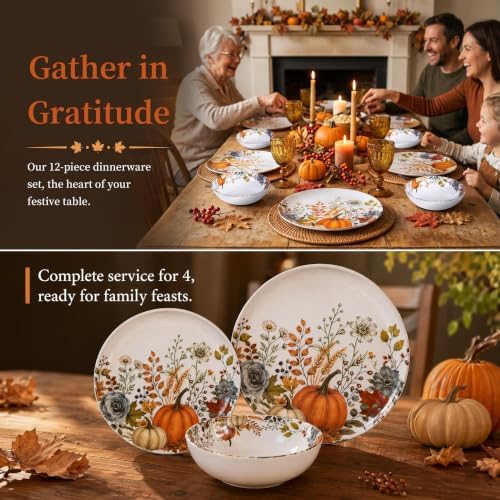 12pcs Melamine Dinnerware Set - Fall Pumpkin Plates and Bowls for RV - Image 3