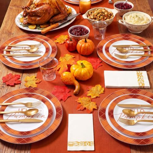 175 Pcs Rosh Hashanah Fall Plastic Dinnerware Set, Plaid, Orange - Image 5