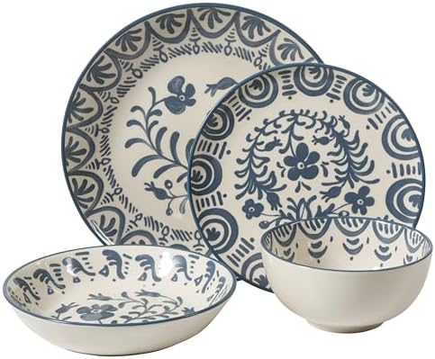 Bloomhouse - 2-Time Oprah’s Favorite Things - Valencia Flor 16 Piece Dinnerware Set, Artisanal Decorated Stoneware Plates & Bowls, Service for 4, Microwave & Dishwasher Safe, Iris Blue - Image 7