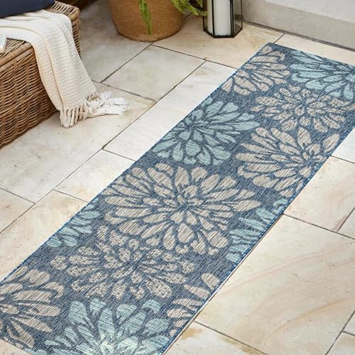 JONATHAN Y Floral Textured Weave Indoor Outdoor Runner Rug 2X8 Navy/Aqua, Zinnia Modern for Backyard, Patio, Porch, Easy-Cleaning, High Traffic, Pet-Friendly, Non-Shedding (SMB110C-28) - Image 3