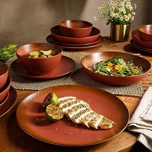 Bloomhouse - Two Time Oprah's Favorite Things Winner - Palermo Sun Double Bowl Stoneware Reactive Glaze Plates and Bowls Dinnerware Set - Paprika Red, Service for Four (16pcs) - Image 7