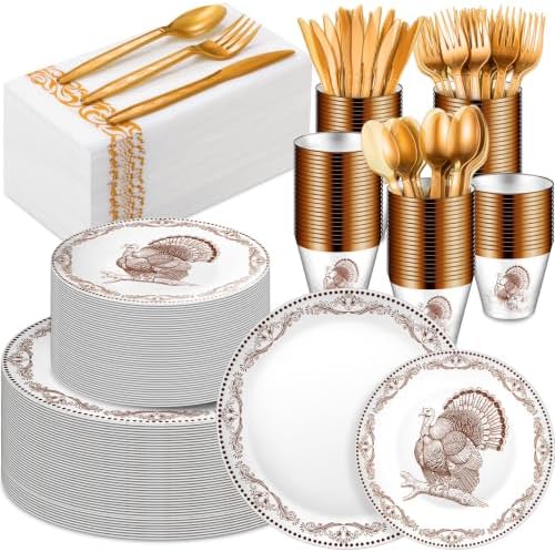 175 Pcs Rosh Hashanah Fall Plastic Dinnerware Set, Turkey, Brown by Sunnychicc