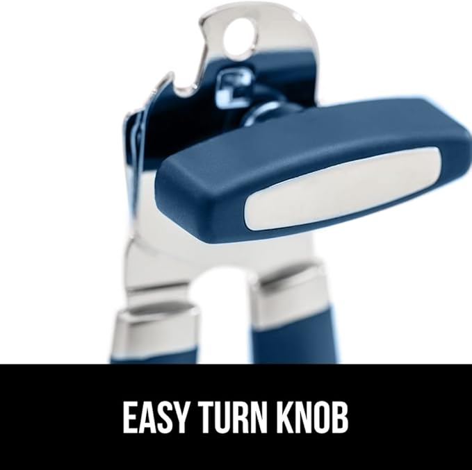 GORILLA GRIP Heavy Duty Stainless Steel Smooth Edge Manual Can Opener and Bottle Openers, Soft Comfortable Handle, Oversized Handheld Turn Knob, US Designed Multifunctional Kitchen Tool, Blue