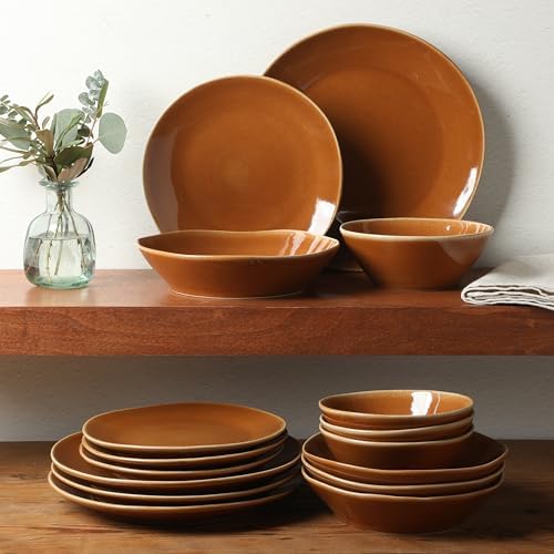 Bloomhouse - Two Time Oprah's Favorite Things Winner - Montecito Breeze 16 Piece (Service for 4) Double Plates and Bowls Stoneware Reactive Glaze Dinnerware Set - Terracotta Canyon - Image 4