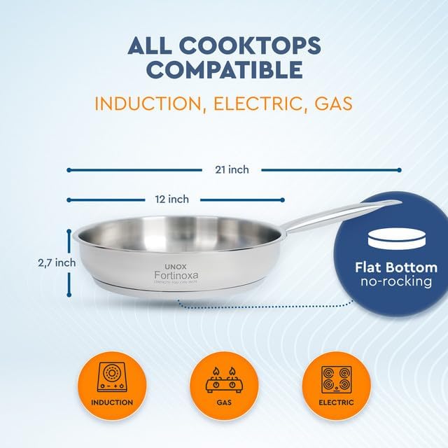 UNOX Stainless Steel Frying Pan 12 inches 3-ply Dishwasher Oven Safe up to 800°F -Crafted in Turkey