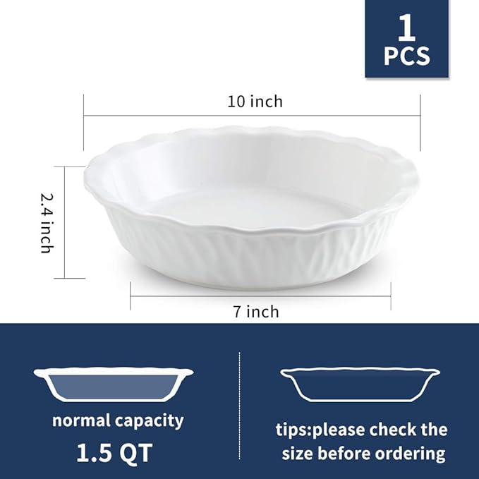 Ceramic Pie Pan, 10 Inches Pie Dish, Pie Plate for Dessert Kitchen, Round Baking Dish Pan for Dinner, Texture Series (White)