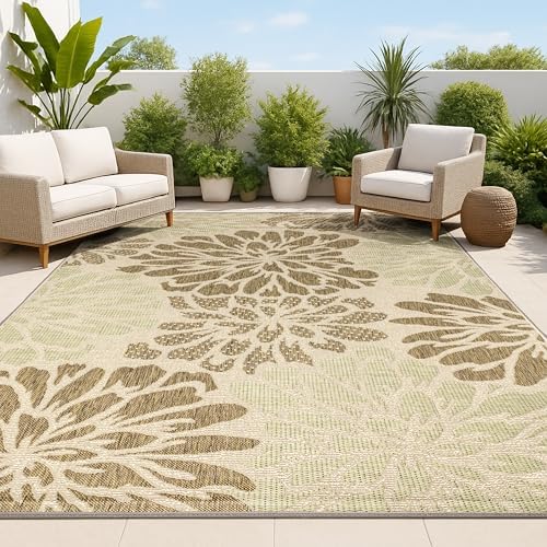 JONATHAN Y Floral Textured Weave Indoor Outdoor Area Rug 3X5 Sage/Brown, Zinnia Modern for Backyard, Patio, Porch, Easy-Cleaning, High Traffic, Pet-Friendly, Non-Shedding (SMB110A-3) by JONATHANY