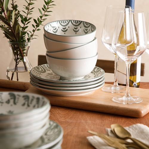 Bloomhouse - 2-Time Oprah’s Favorite Things - Valencia Flor 16 Piece Dinnerware Set, Artisanal Decorated Stoneware Plates & Bowls, Service for 4, Microwave & Dishwasher Safe, Fern Green - Image 4