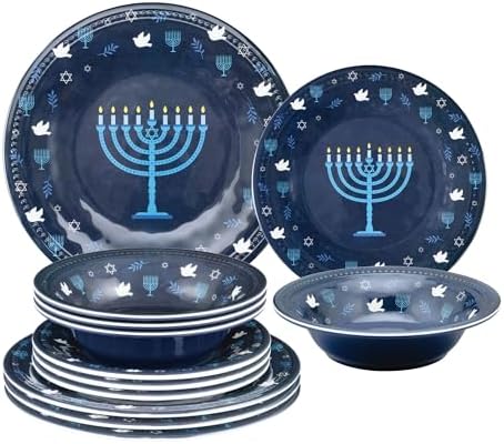 UPware 12 Piece Hanukkah Menorah Melamine Dinnerware Sets, Outdoor Dishes Set, Plates and Bowls Sets, Hanukkah Decorations, Service for 4, Indigo Blue by UPware