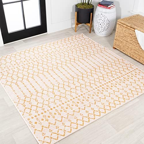 JONATHAN Y Moroccan Geometric Indoor Outdoor Square Area Rug 5X5 Cream/Yellow, Ourika Textured Weave for Backyard, Patio, Porch, Easy-Cleaning, High Traffic, Pet-Friendly, Non-Shedding (SMB108J-5SQ) by JONATHANY