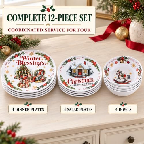 Vintage Christmas Dinnerware Set for 4, 12-Piece Melamine Dish Set - Image 4