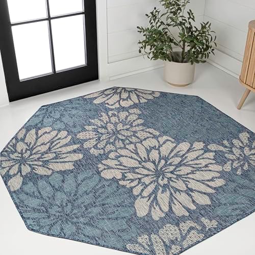 JONATHAN Y Floral Textured Weave Indoor Outdoor Octagon Area Rug 8 Ft Navy/Aqua, Zinnia Modern for Backyard, Patio, Porch, Easy-Cleaning, High Traffic, Pet-Friendly, Non-Shedding (SMB110C-8TGN) by JONATHANY