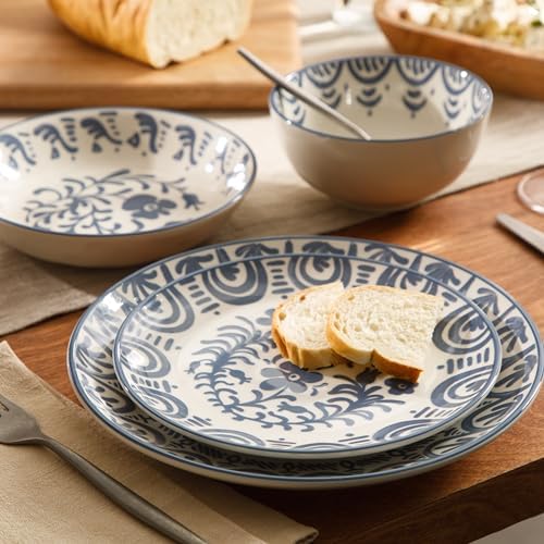 Bloomhouse - 2-Time Oprah’s Favorite Things - Valencia Flor 16 Piece Dinnerware Set, Artisanal Decorated Stoneware Plates & Bowls, Service for 4, Microwave & Dishwasher Safe, Iris Blue - Image 2