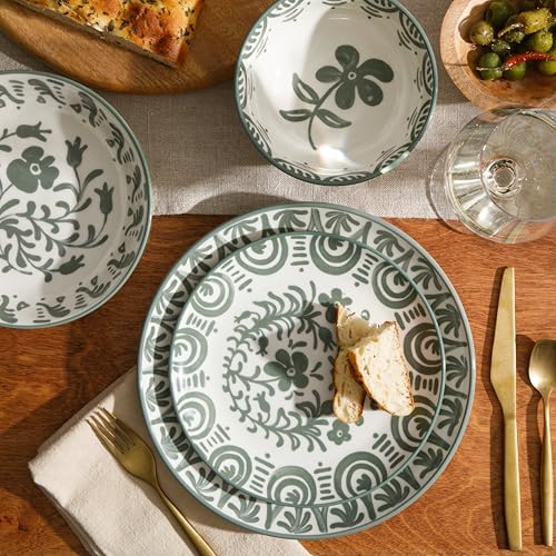Bloomhouse - 2-Time Oprah’s Favorite Things - Valencia Flor 16 Piece Dinnerware Set, Artisanal Decorated Stoneware Plates & Bowls, Service for 4, Microwave & Dishwasher Safe, Fern Green - Image 3