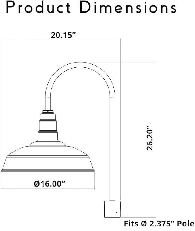 Steel Lighting Co. Gardena Barn Light | Outdoor Pole Top Mounted | 16" Dome | Upslope Gooseneck with Slip Fitter for 2-3/8" Standard Poles | Made in America | Matte Black Exterior/White Interior