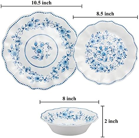 UPware 12 Piece Blue and White Floral Melamine Dinnerware Sets, Outdoor Dishes Set, Plates and Bowls Sets, Service for 4, Blue - Image 3