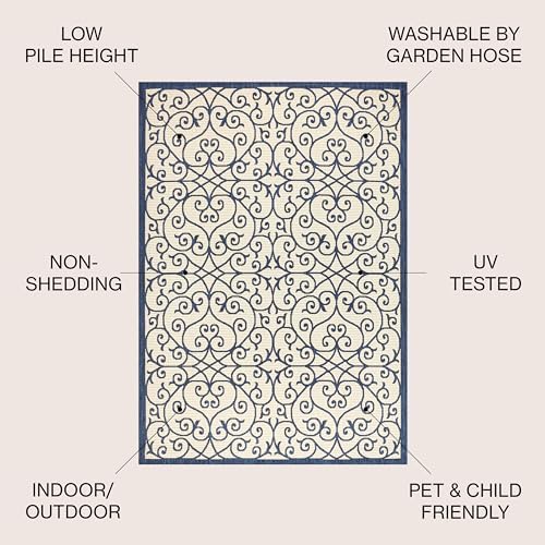 JONATHAN Y Vintage Filigree Indoor Outdoor Area Rug 4X6 Navy/Beige, Madrid Textured Weave for Backyard, Patio, Porch, Easy-Cleaning, High Traffic, Pet-Friendly, Non-Shedding (SMB107G-4) - Image 2