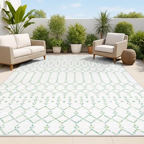 JONATHAN Y Moroccan Geometric Indoor Outdoor Area Rug 4X6 Green/Ivory, Ourika Textured Weave for Backyard, Patio, Porch, Easy-Cleaning, High Traffic, Pet-Friendly, Non-Shedding (SMB108R-4) by JONATHANY