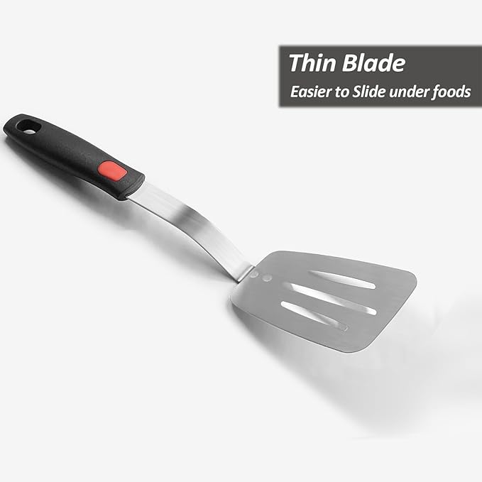Stainless Steel Spatula, Flexible Metal Slotted Turner for Cast Iron Skillet, Thin Blade and Heat Resistant Silicone Handle, Great for Egg, Cookie, Meat, Crep, Large