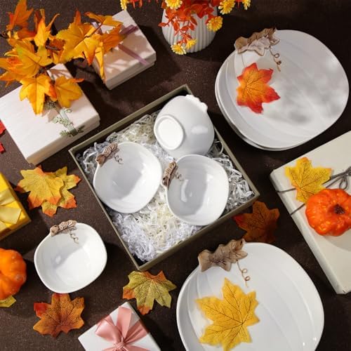 Maxcheck 8 Pcs Pumpkin Ceramic Bowl & Plate Fall Dinnerware Set, White - Image 5