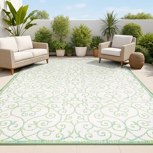 JONATHAN Y Vintage Filigree Indoor Outdoor Area Rug 4X6 Cream/Green, Madrid Textured Weave for Backyard, Patio, Porch, Easy-Cleaning, High Traffic, Pet-Friendly, Non-Shedding (SMB107J-4) by JONATHANY