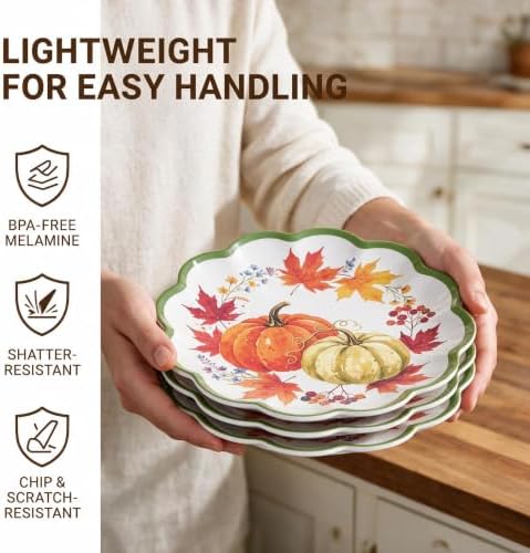 Fall Plates, 4 Pack 9 Inch Melamine Pumpkin Plates, Scalloped Rim - Image 5
