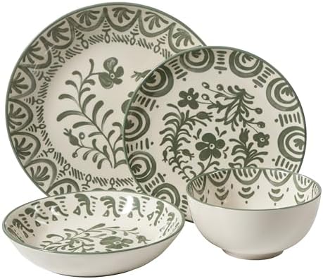 Bloomhouse - 2-Time Oprah’s Favorite Things - Valencia Flor 16 Piece Dinnerware Set, Artisanal Decorated Stoneware Plates & Bowls, Service for 4, Microwave & Dishwasher Safe, Fern Green - Image 6