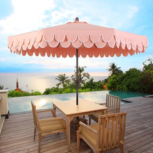 JONATHAN Y Tracy 9' Scalloped Market Patio Umbrella, Coral Pink/Dark Brown - Image 2