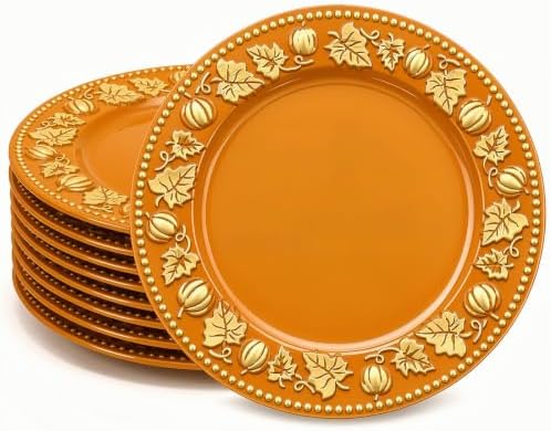 Havawish 8 Pcs 13 Inch Orange Charger Plates with Pumpkin & Fall Leaf Edge by Havawish