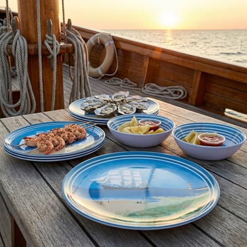 Outdoor Melamine Dinnerware Set for 4, 12-Piece Sailboat Plates and Bowls - Image 5