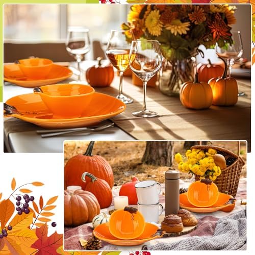 Maxcheck 8 Pcs Pumpkin Ceramic Bowl & Plate Fall Dinnerware Set, Orange - Image 5