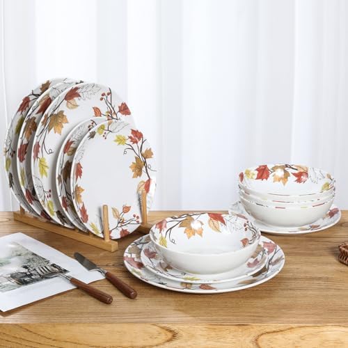 Melamine Dinnerware Set for 4, 12-Piece Fall Dishes, Yellow Maple Leaves - Image 7