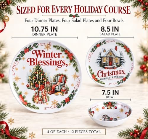 Vintage Christmas Dinnerware Set for 4, 12-Piece Melamine Dish Set - Image 2