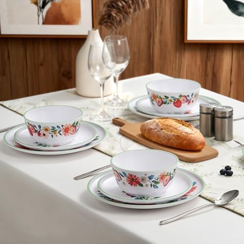 12-Piece Strawberry Melamine Dinnerware Set for 4, Floral Pattern - Image 3