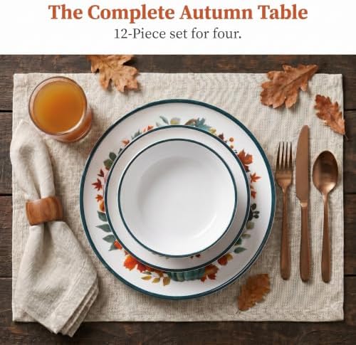 12-Piece Melamine Dinnerware Set for 4, Fall Pumpkin Plates and Bowls - Image 6