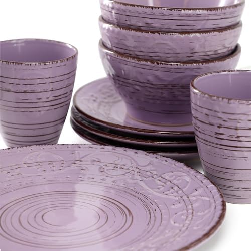 Elama Malibu Mica 16-Piece Stoneware Embossed Pattern Reactive Glaze Purple Dinnerware Set, Tableware, Serveware Set (Mica Purple) - Image 6