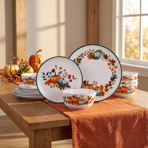 12-Piece Melamine Dinnerware Set for 4, Fall Pumpkin Plates and Bowls - Image 5