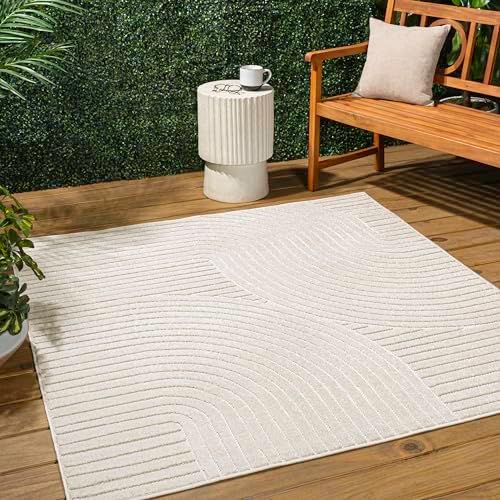 JONATHAN Y Hallie High-Low Curve Ivory/Cream 9x9 Square Indoor/Outdoor Area Rug, Minimalist, Pet Friendly, Non-Shedding, Stain Resistant, Hose-Washable for Backyard, Patio, Porch (SCN100B-9SQ) by JONATHANY