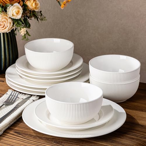 TheTerra Ceramic Dinnerware Set for 4, 12-Piece Plates and Bowls Set by TheTerra