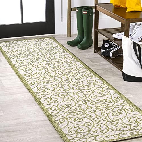 JONATHAN Y Vintage Filigree Indoor Outdoor Runner Rug 2X8 Green/Cream, Madrid Textured Weave for Backyard, Patio, Porch, Easy-Cleaning, High Traffic, Pet-Friendly, Non-Shedding (SMB107H-28) by JONATHANY