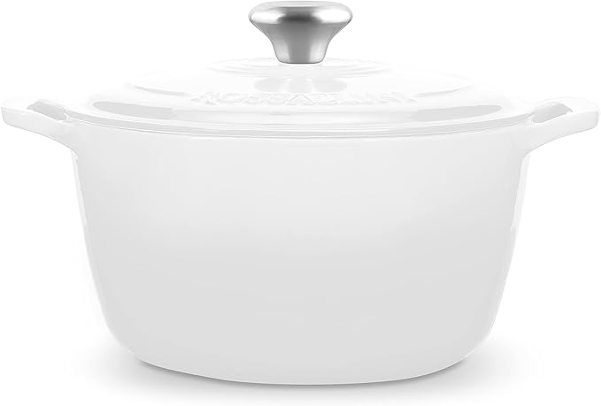 Signature Enameled Cast Iron Dutch Oven, Non-Stick Serving Pot with Tight Fitting Lid for Perfect Roasting, Baking, Sauteing, and Bread Making | 4.5Q (4.2L) - White